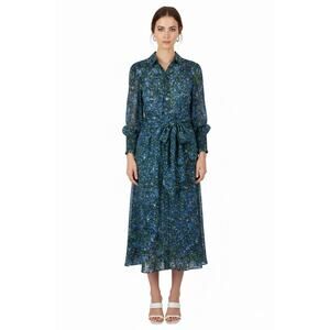 Veronica Beard Mirren Knotted Long Sleeve Midi Dress Marble Blue Green Size 6